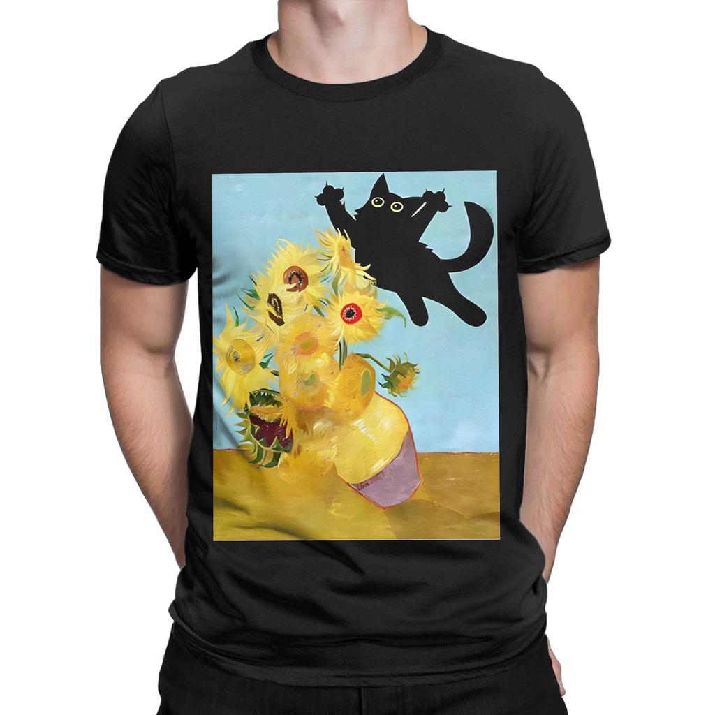 Vincent Van Gogh T-Shirts Men Cute Cat bayingimg Awesome Cotton Tee Shirt Crewneck Short Sleeve T Shirt Plus Size Clothing