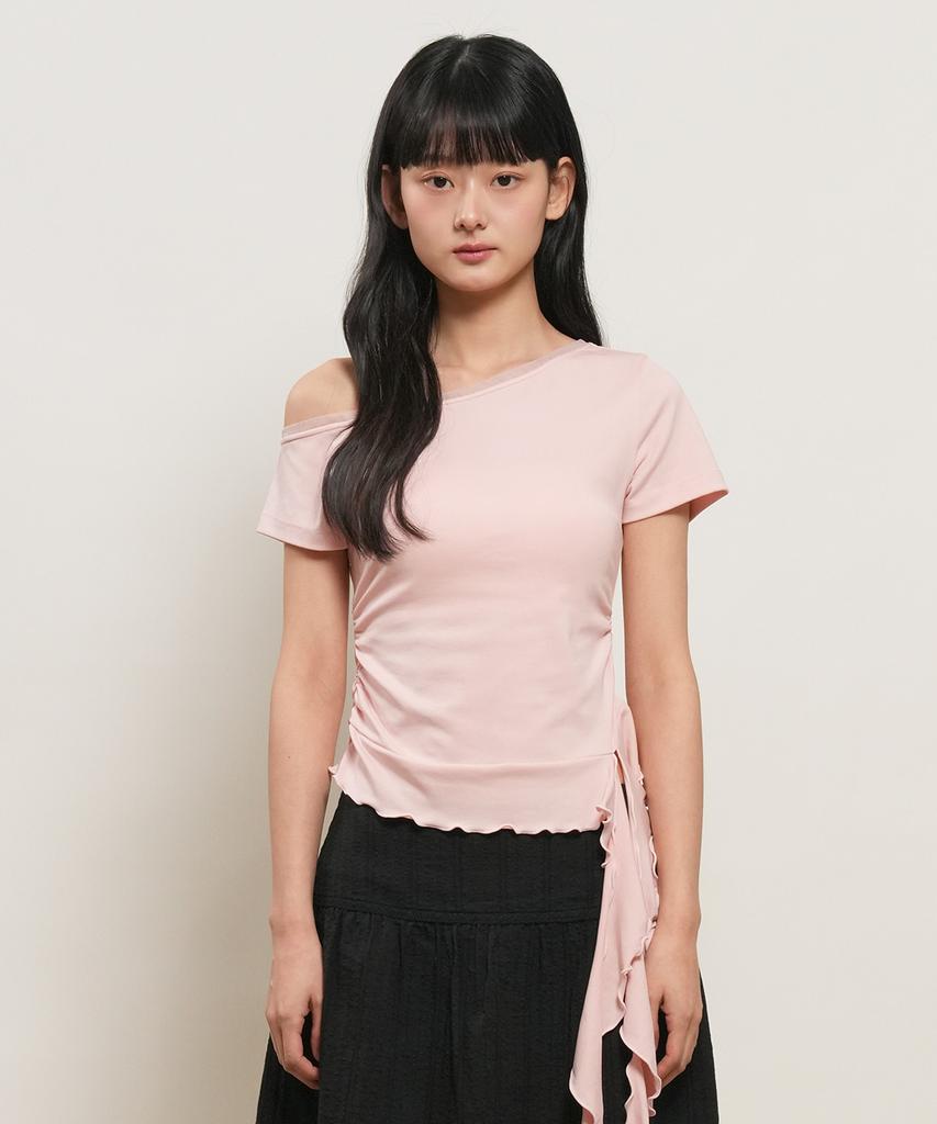 GENERALIDEA Mesh-Trimmed One-Shoulder T-Shirt [Pink] / Gf2Lts526