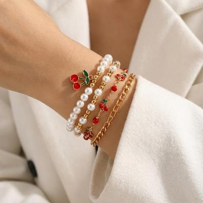 4-6 Pcs Red Cherry Imitation Pearl Beaded Bracelet For Women Bohemia Strawberry Cuff Bangle Bracelets Party Charm Jewelry Gift
