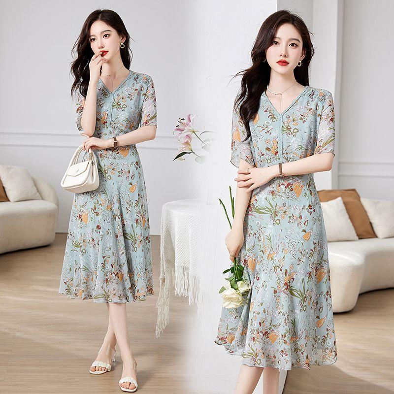 

Элегантное летнее шелковое платье с V-образным вырезом Blue XL