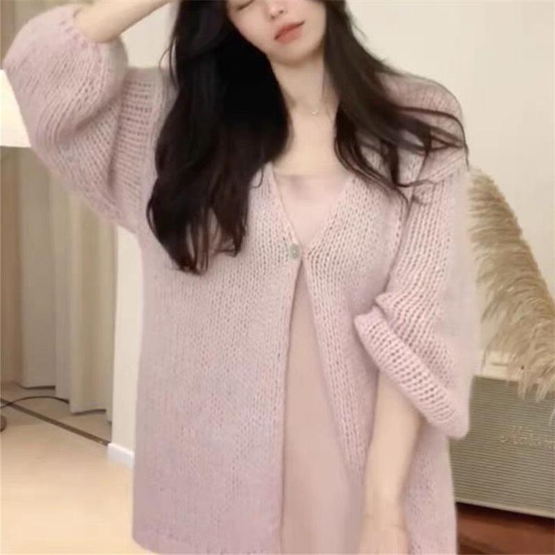Long-sleeved knitted cardigan women's autumn lace-up solid color with lazy gentle wind loose early spring knitted jacket