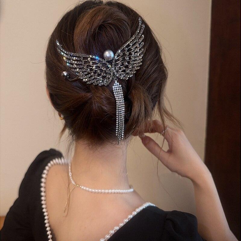 Rhinestone Butterfly Metal Hair Claw For Women Hairpins Vintage Crystal Pearl Pendant Hair Clips Female Hair Jewelry Accessories
