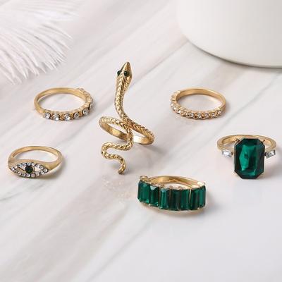 Set Anelli Creativi Vintage a Forma di Serpente 6 Pezzi/Set Incrostati di Strass e Gemme Faux Lucenti
