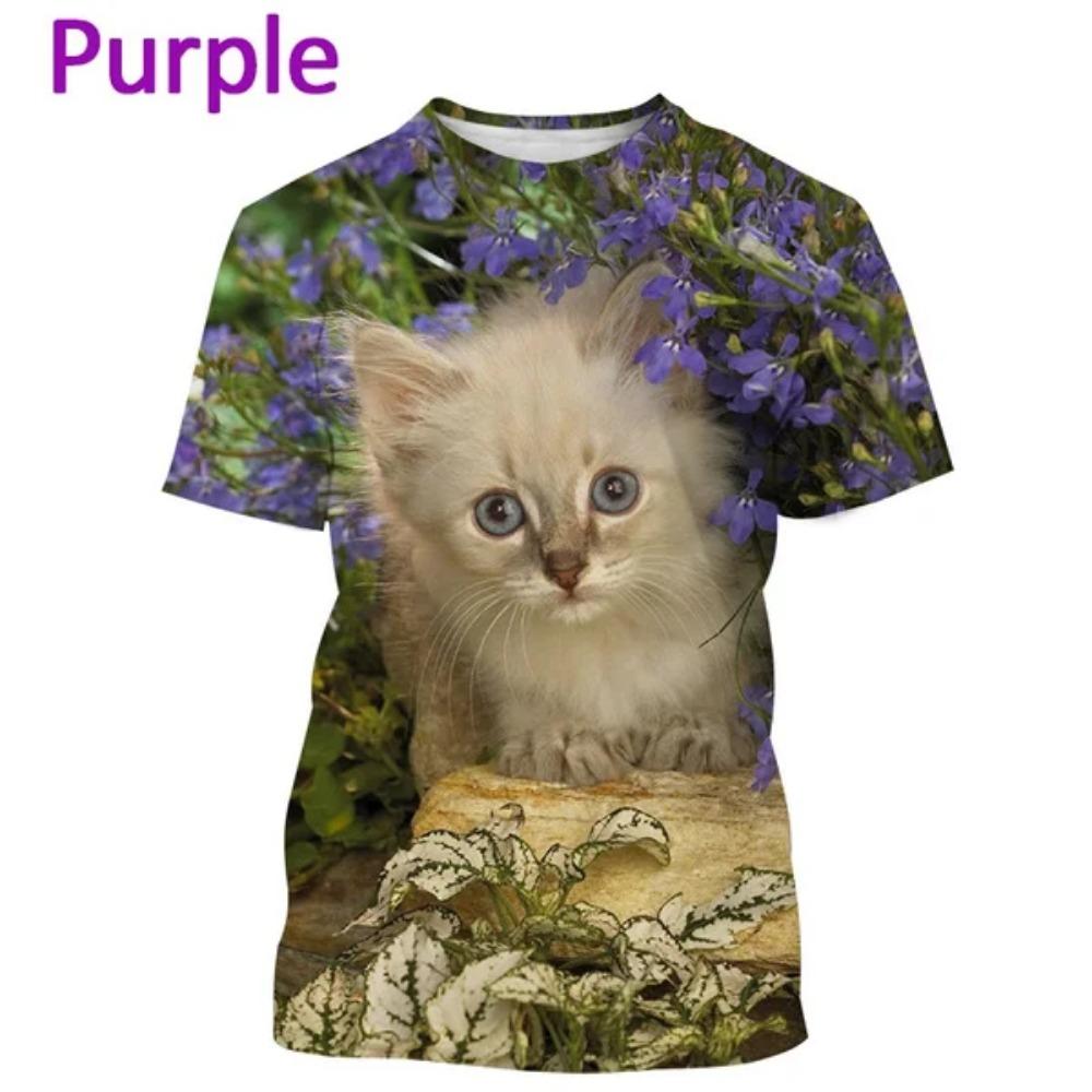 Nuova Maglietta a Maniche Corte con Stampa Floreale e Gatto alla Moda da Donna, Maglietta Casual Carina, Top Streetwear Animale Harajuku