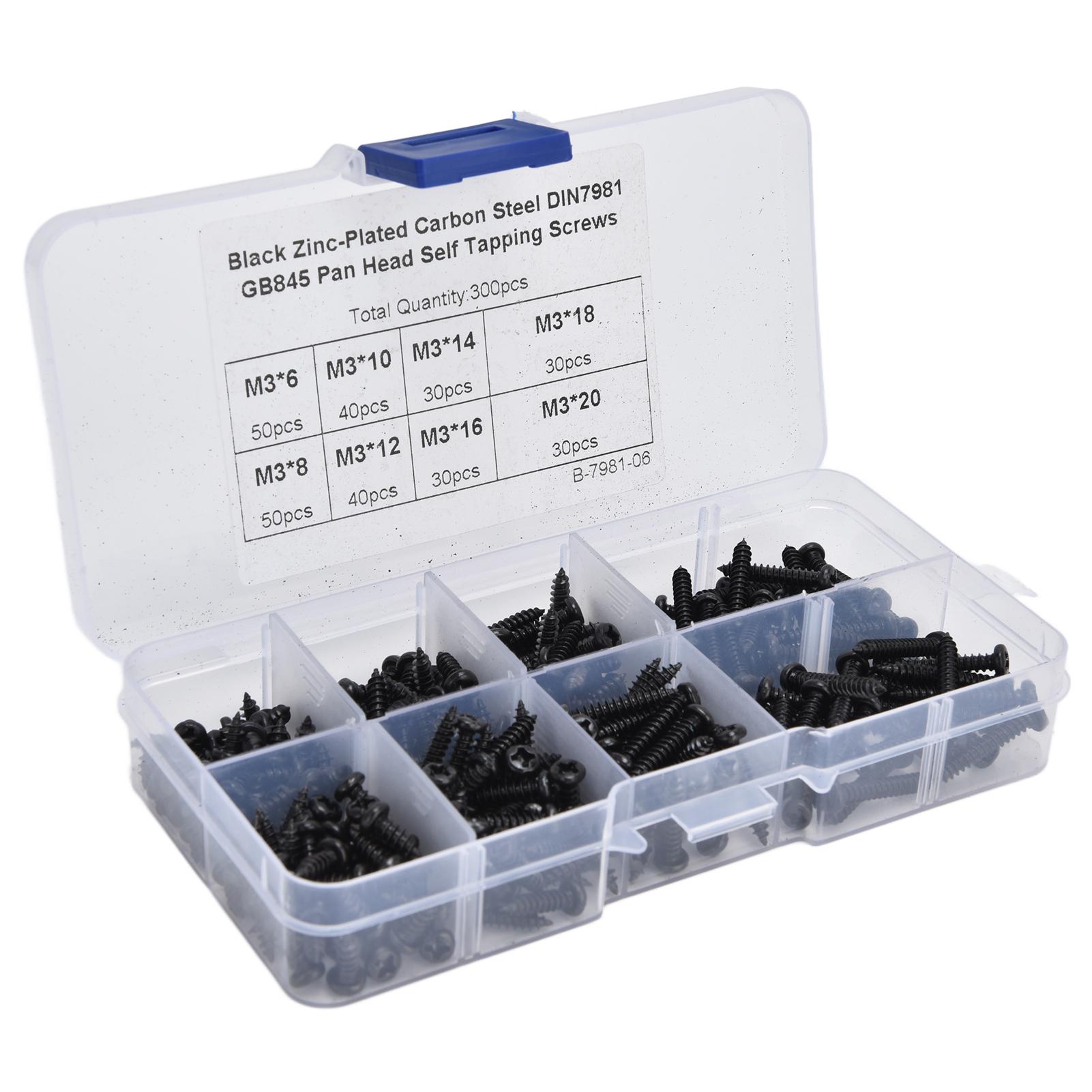

300 шт. Саморезы с крестообразной головкой, комбинированный набор, ассортиментный комплект, углеродистая сталь M3, черный