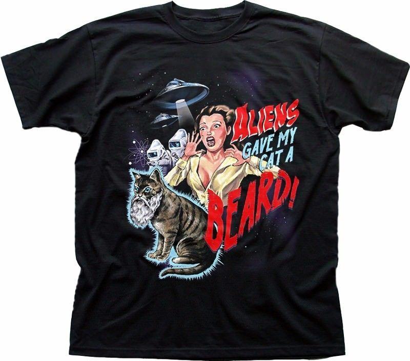 Aliens Gave My Cat a Beard funny B movie black cotton t-shirt 9238 S разноцветный