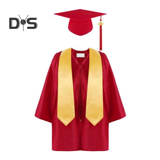 3 Pcs/Set Children Kindergarten Graduation Uniform with Tassel Hat And Shawl V Neck Calf Length Long Sleeve Zipper Closure Elementary Graduation Robe