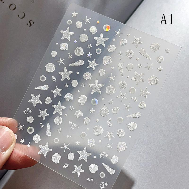 Summer Beach Jellyfish Nail Stickers Colorful Shell Starfish Conch Fish Adhesive Embossed Decals Manicure Foils for Decor
