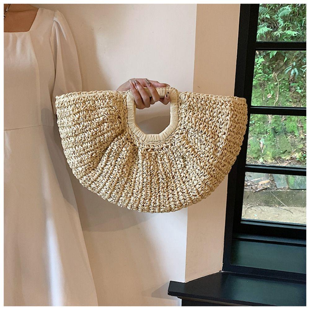 Handmade Lafite Straw Bag Large Capacity Summer Beach Handbag Trendy Weave Tote Bag  Girls