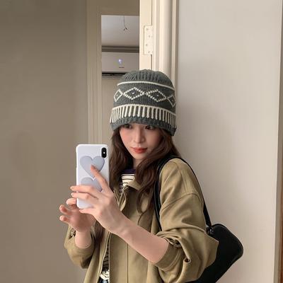 Jacquard Rhombus Plaid Fisherman Hat Autumn and Winter Warm and Versatile Color Block Knitted Woolen Hat for Women with Large Head Circumference