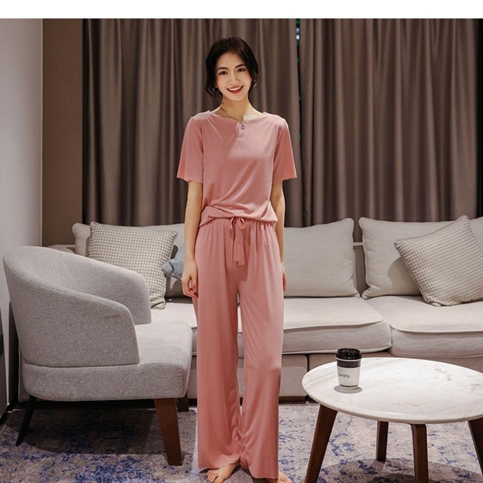 New Women's Solid Color Ice Silk Loungewear Two-Piece Set - Casual Soft Style