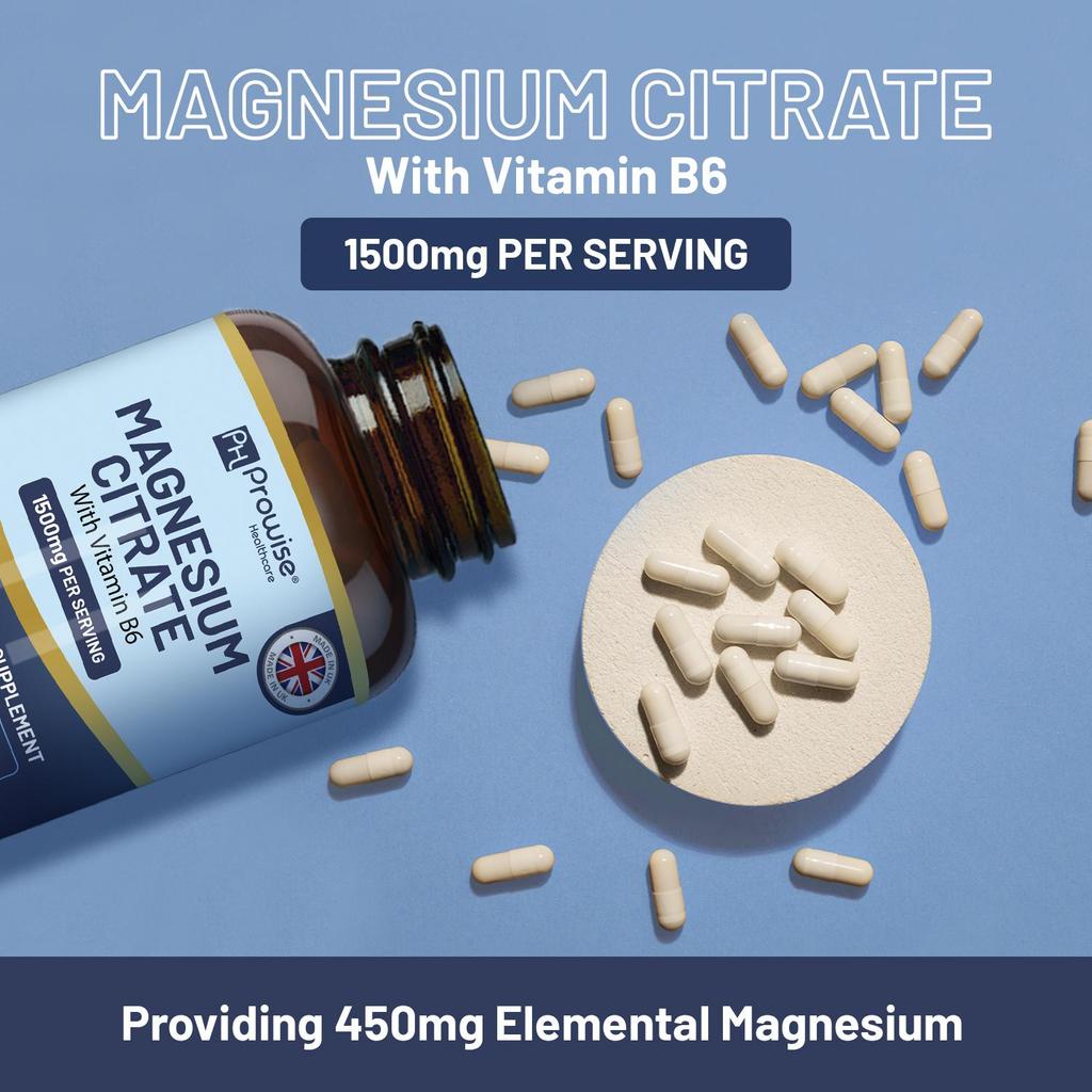 Magnesium Citrate Capsules 1500mg with Vitamin B6 | 120 Vegan Tablets | 450mg Elemental Mg