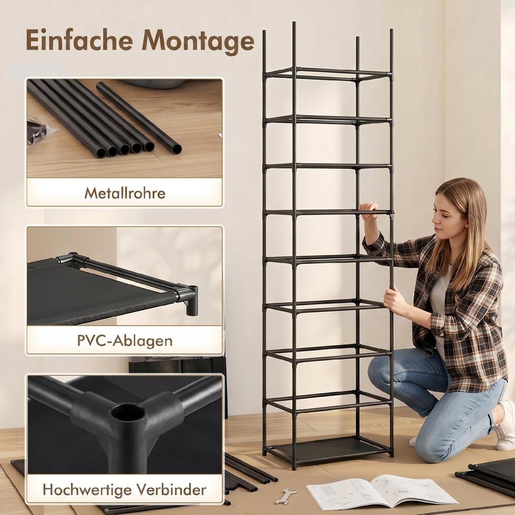 Metal Shoe Rack with Dustproof Fabric Cover, for up to 20 Pairs of Shoes, 45 x 30 x 175 cm, Black