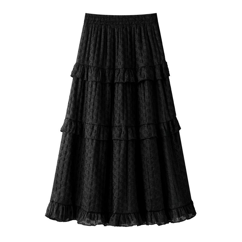 

Женская белая жаккардовая юбка миди в горошек с оборками - Лето 2025 А-силуэт, дизайн зонт One Size чёрный