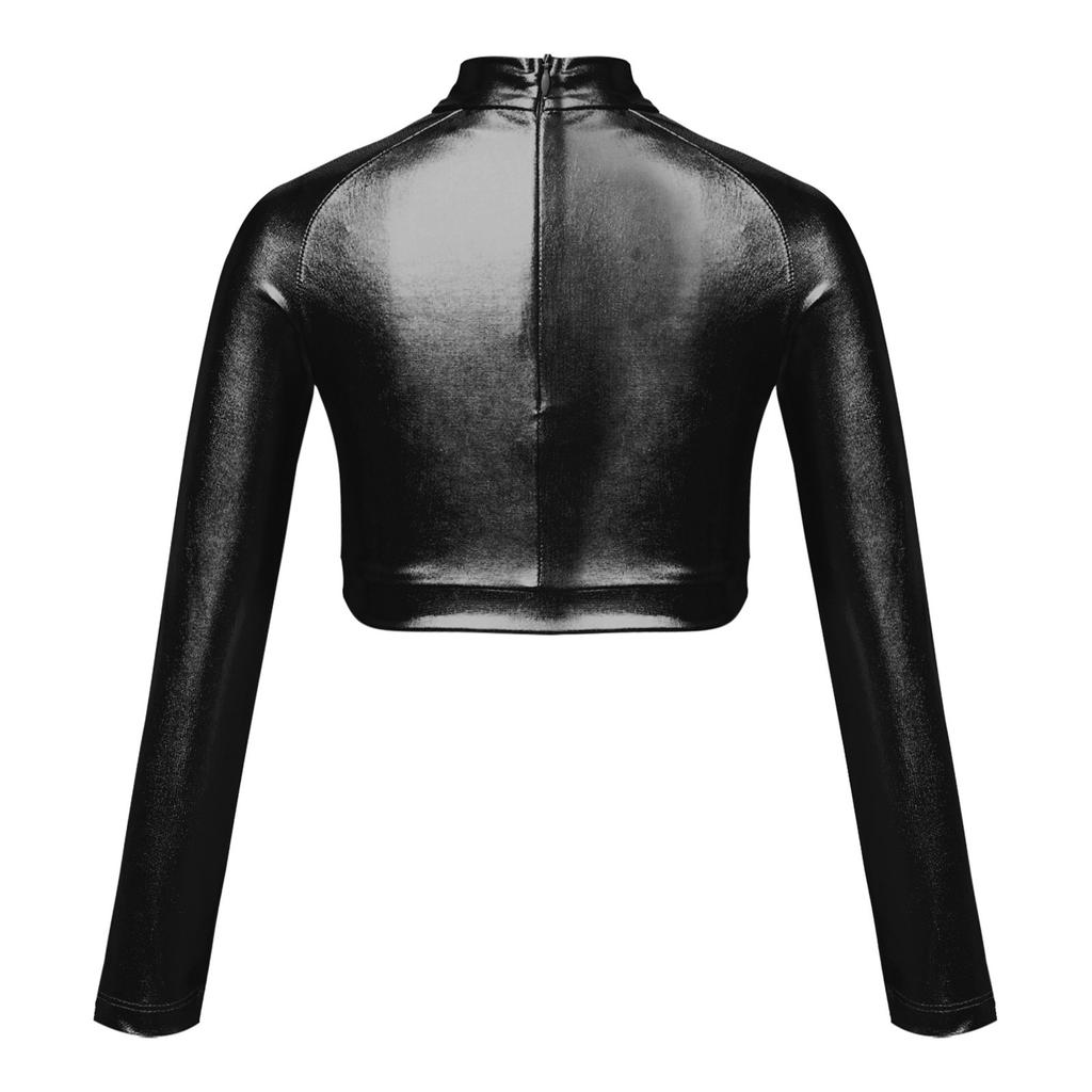 Дівчачий блискучий металічний кроп-топ для танців з високим коміром, довгим рукавом, паєтками спереду, на підкладці, костюм для виступів