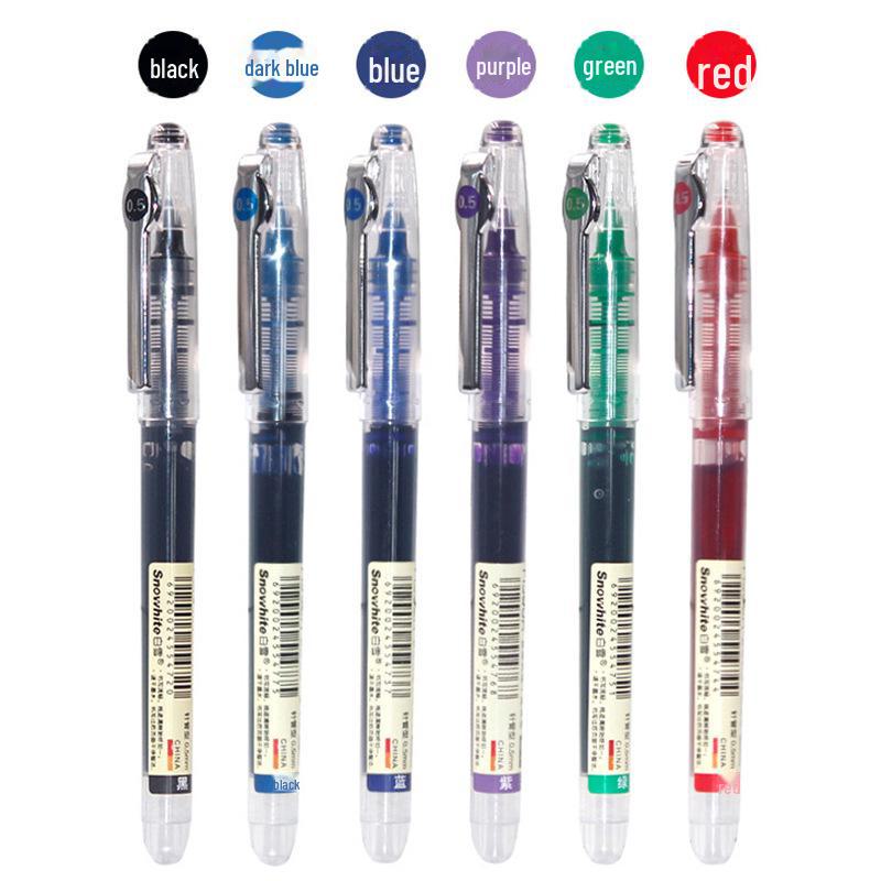 Snow White P1500A Quick-Dry 0.5mm Liquid Ballpoint Pen - 6 Color Set, Transparent Barrel, Ideal for Exams