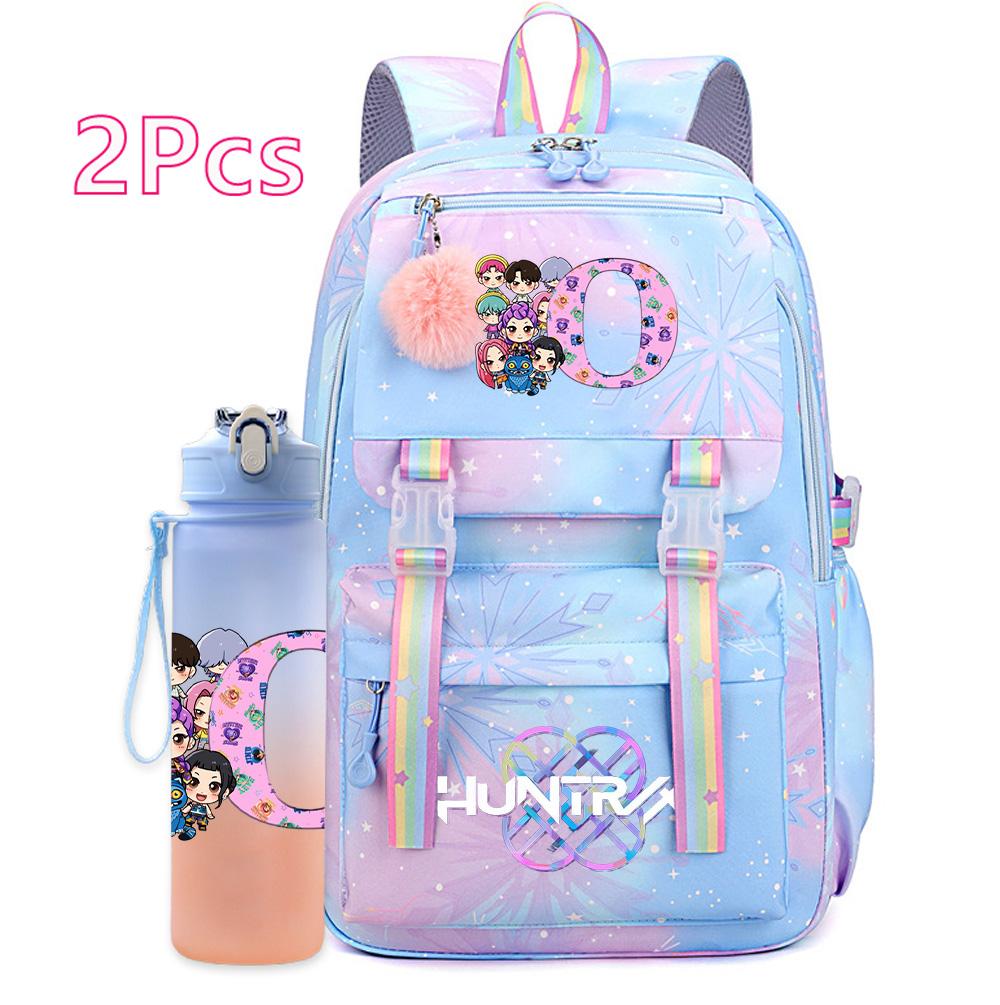 2Pcs/set K-pop Printed Backpack with 750Ml Water Bottler Large Capacity Travel Bag for Teenager Girl Boy Bookbag Kid Gift Large Capacity Bag Mochila