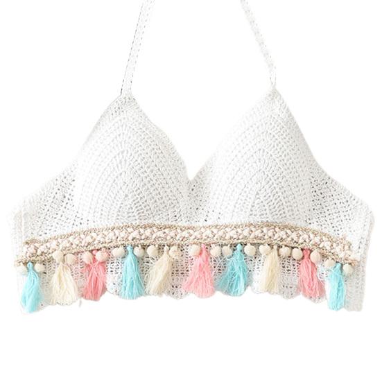 

Женский топ бикини, супер дышащий вязаный V-образный вырез, спагетти-ремень, кисточка белый