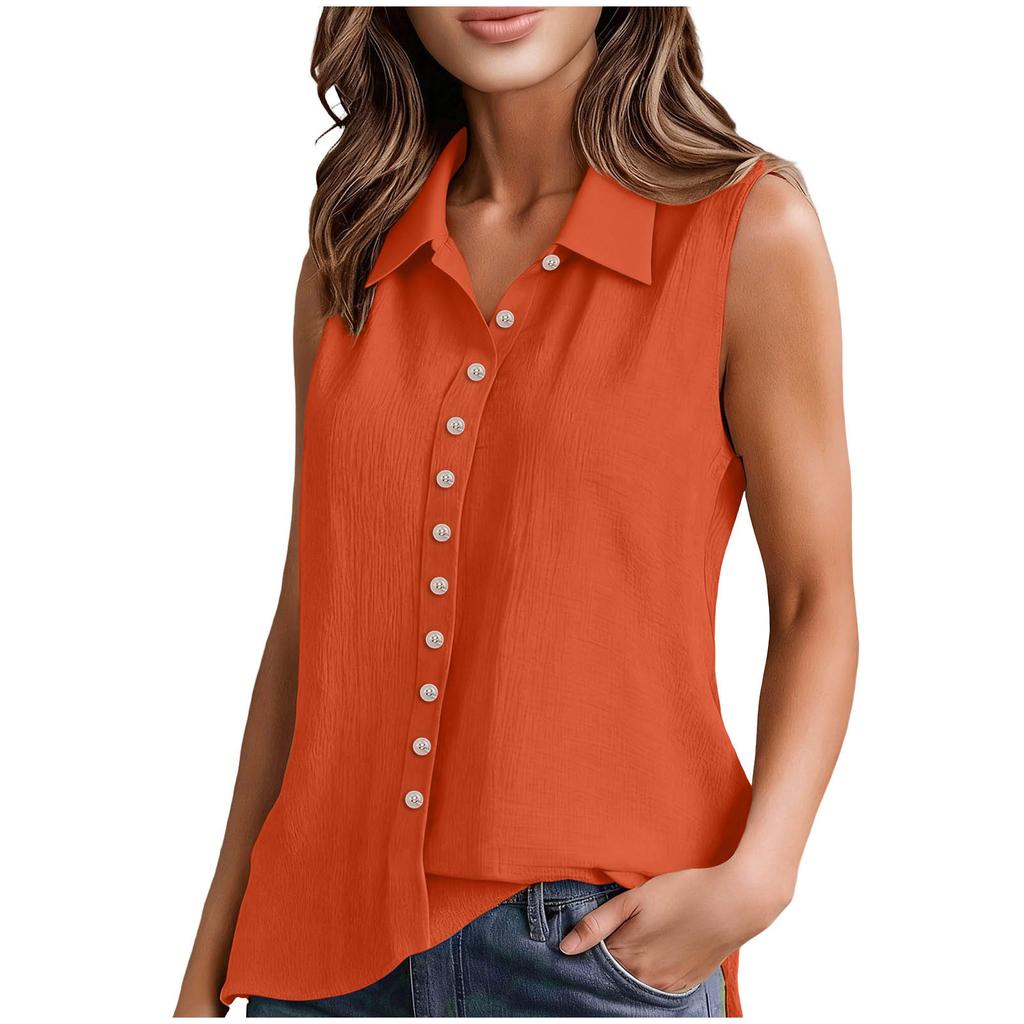Women’s Fashionable Plain-Coloured Cotton-Linen Single-Breasted Sleeveless Shirt- T-Shirt