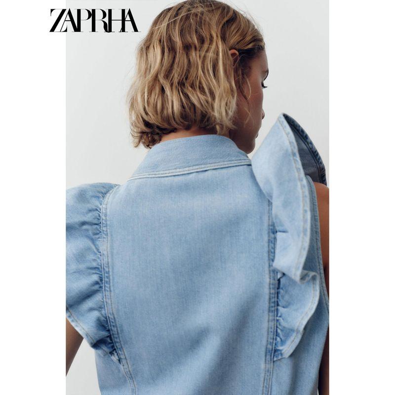 Zaprha 2025 Summer New Frill Laminated Denim Small Flying Sleeve Lapel Sleeveless Shirts 9942155