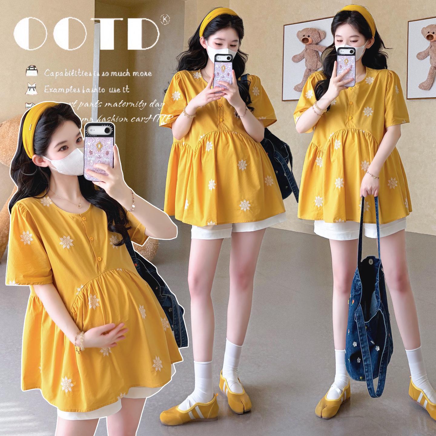 2026 Summer Maternity Fashion: Embroidered Doll Shirt & Support Shorts Two-Piece Set XL