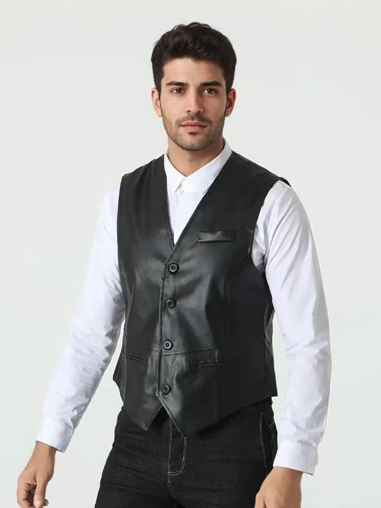 Men's PU Leather Vest V-Neck Single-breasted Slim-fit Casual Leather Vest Fashion Trend Men's Jacket