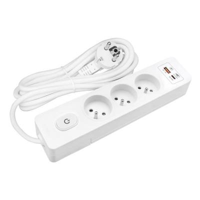 SELDUR G3FH22B Power Strip, 3 Type E Sockets + Switch, USB A+C Fast Charge 20W, White, 2m Cable