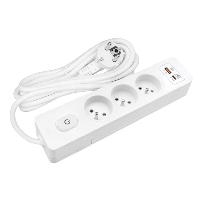 Multiprise SELDUR G3FH22B, 3 prises type E+ interrupteur, USB A+C charge rapide 20W, Blanc, câble 2m