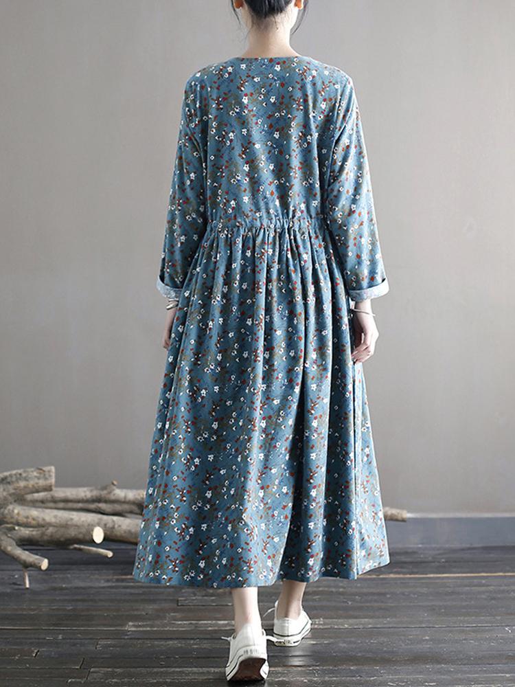 Johnature Women Chinese Style Vintage Dresses Long Sleeve Print Floral Robes Spring Button Women Clothes Soft Dresses