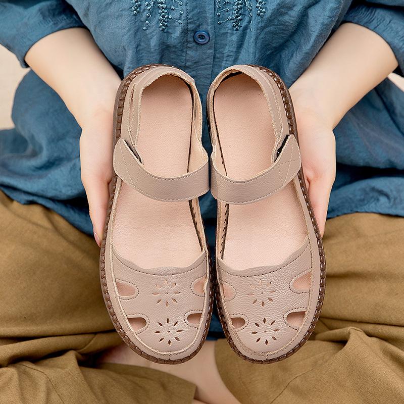 Summer new leather hollow soft-soled shoes sandals comfortable casual versatile hole shoes beef tendon sole
