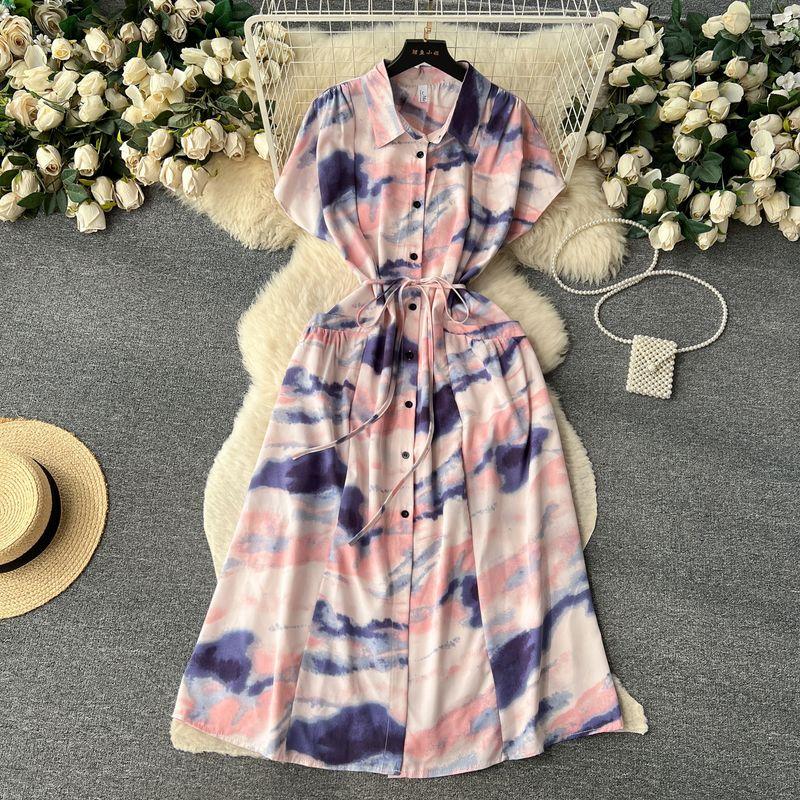 Elegant Dress Women's Summer Dress New Arrival Elegance Print Shirt Skirt Stylish Pocket Waist-Tight Single-Breasted Dress