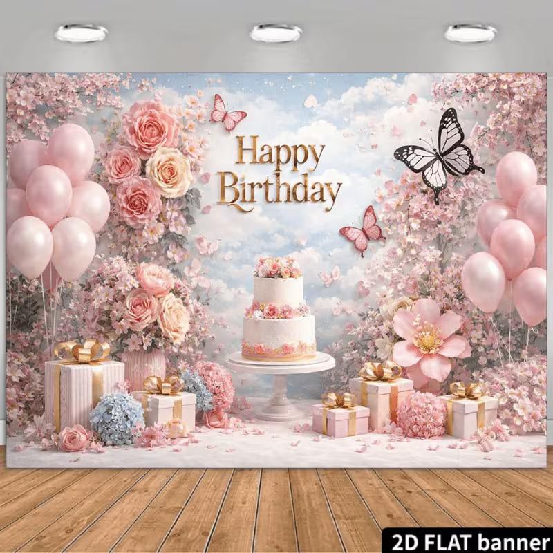 

2D Girls Pink Flower Happy Birthday Backdrop Butterfly Sky Cloud Photography Banner 47.2x31.5inch/120*80cm