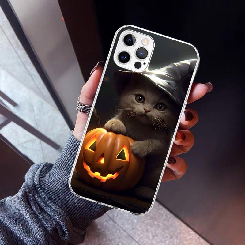 Black Kitten Halloween Pumpkin Phone Case For iPhone 17 Air 11 13 Mini 14 15 Plus 16 12 Pro Max 16E SE 7 8 Pattern Soft TPU Back