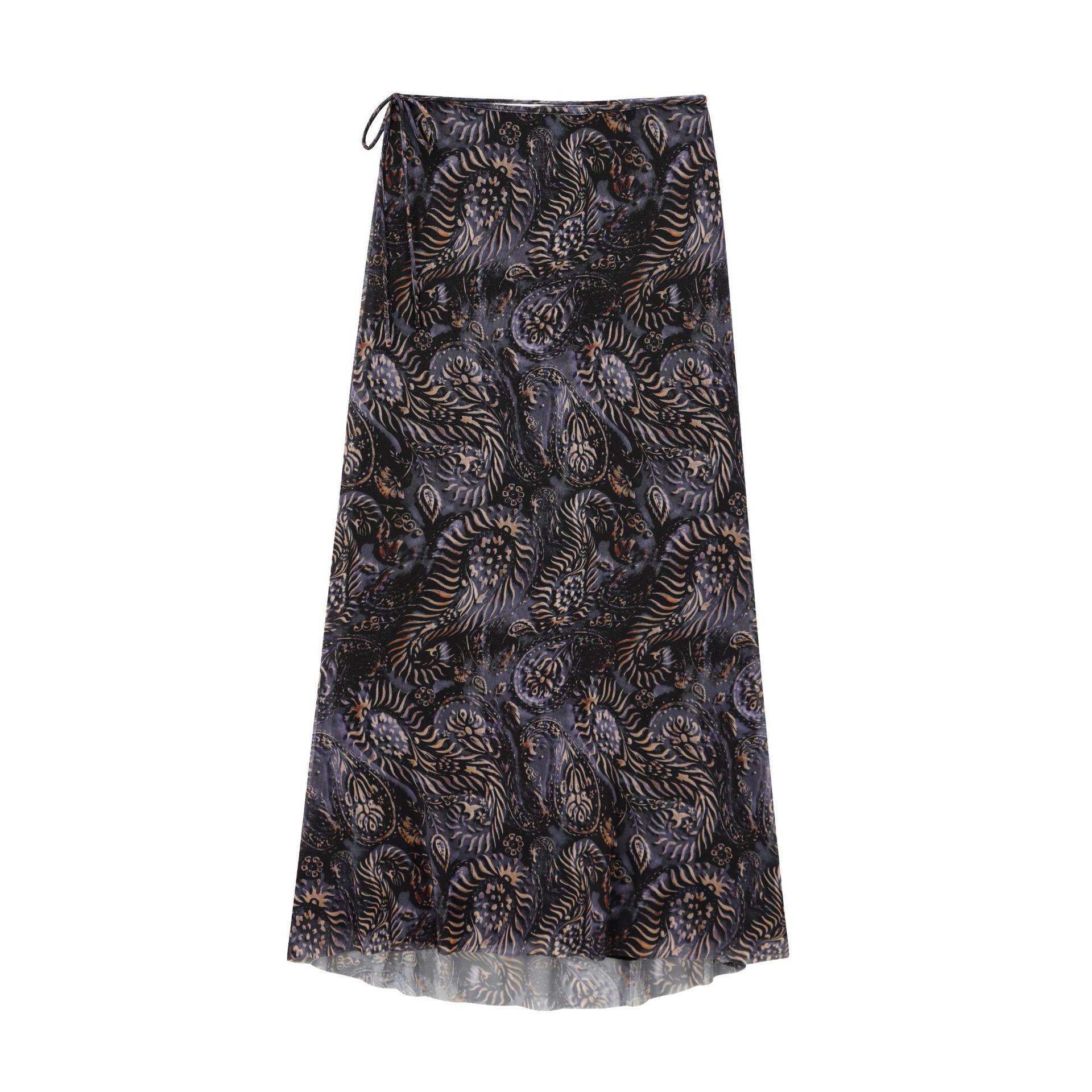 

European-American V-neck Tie-Up Top & Printed Silk Mesh Midi Skirt Set for Women L