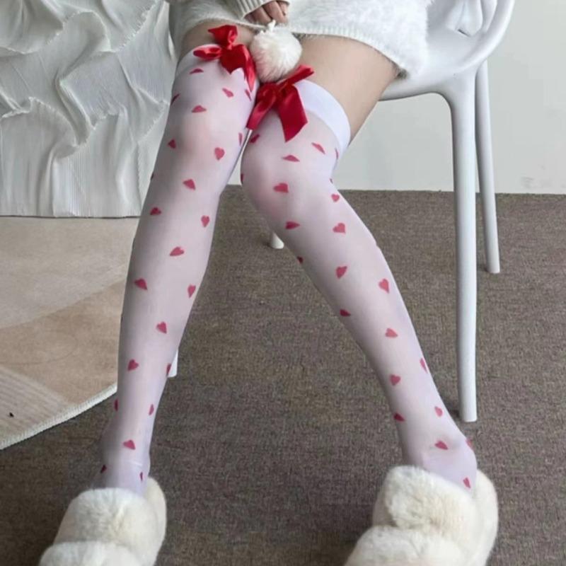 Lolita Heart Transparent Stockings Lovely Red Bow Over Knee JK Stockings Tigh High Sexy Suspender Tube Silk Lolita Stockings