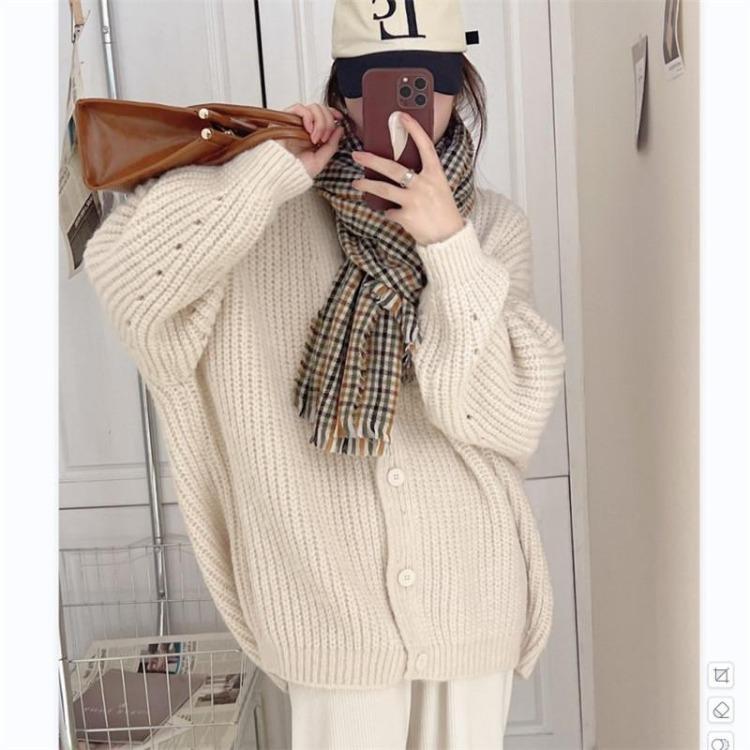 Women Soft Comfortable Casual Breathable Lazy Fashion Simple Solid Top Coat Loose V-neck Long Sleeve Knit Sweater Cardigan
