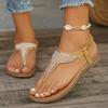 Fashion Pearl Bohemian Sandals for Women Summer 2025 New Elastic Band Clip Toe Flat Sandals Woman Comfort Non Slip Beach Shoes Plus Size