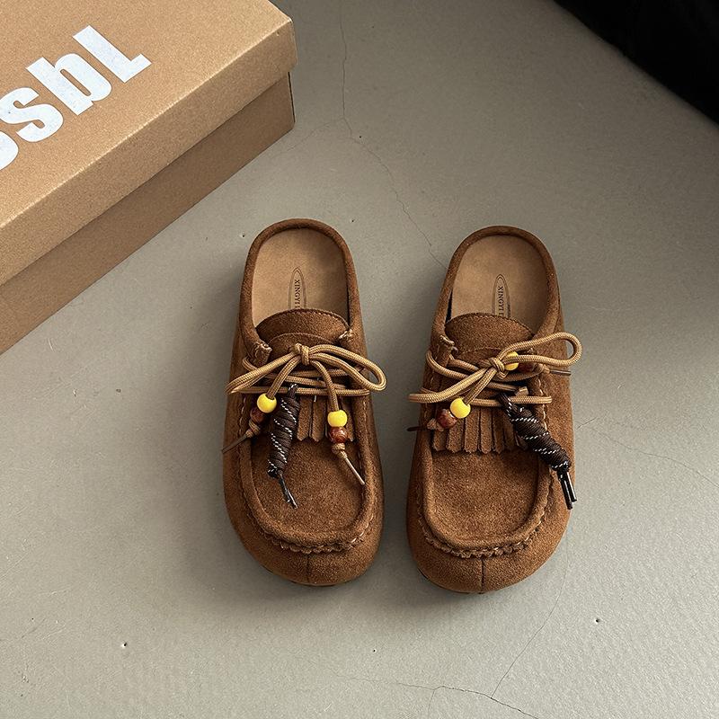 Retro Versatile Tassel Bag Head Thick-soled Half-slippers Women's Autumn New Fashion Outer Wear Women's Flat-bottomed Cool Slippers