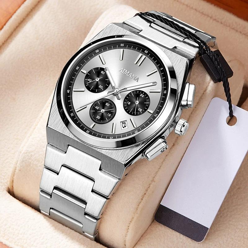Men Chronograph Quartz Watch with Date Display Stainless Steel Strap Waterproof Fashion Business Male Wrist Watch