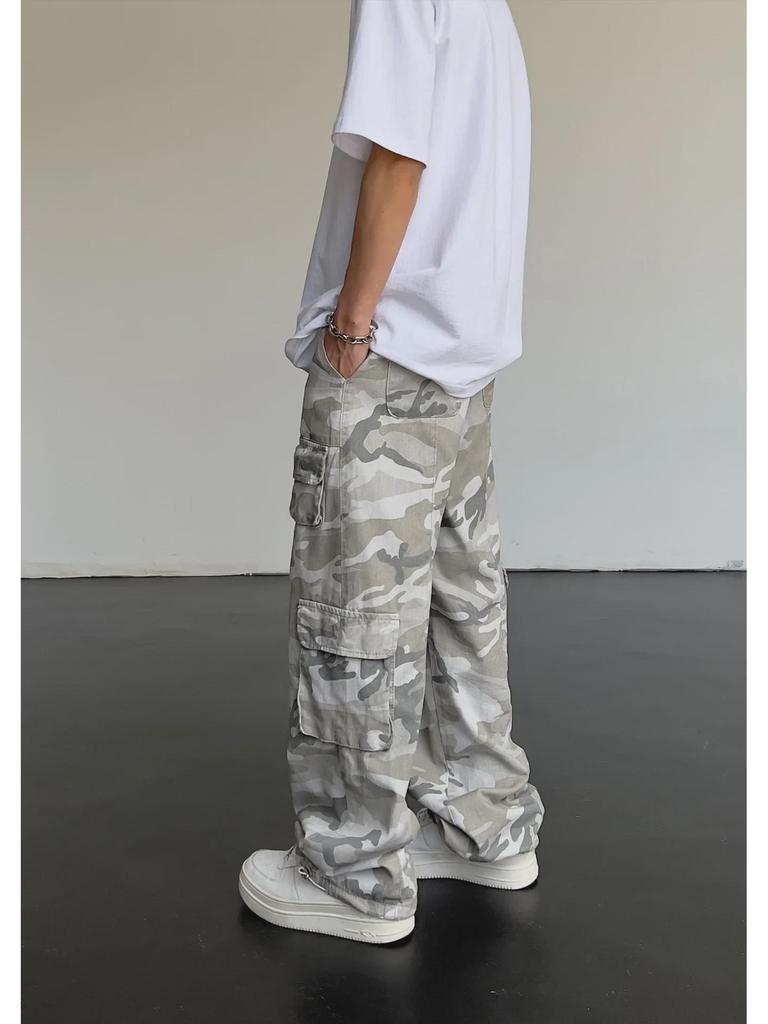 Pánské retro americké maskáčové seprané kalhoty volného střihu rovného střihu