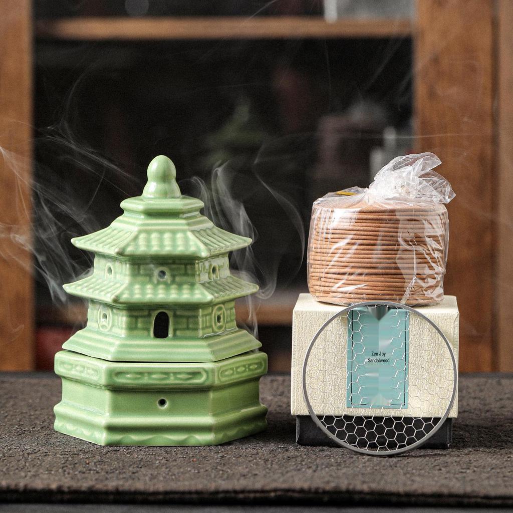 Compact Zen-Inspired Ceramic Incense Burner and Holder in Black Pottery