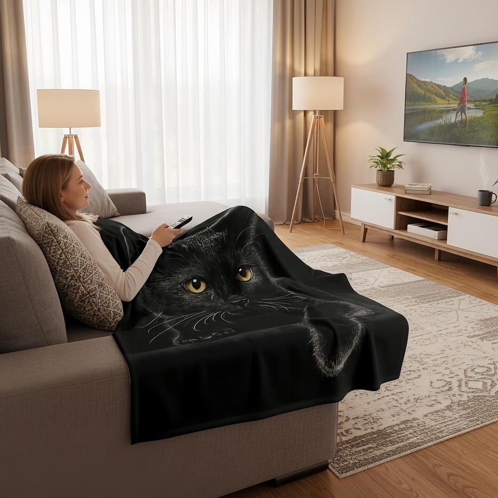 Black Cat Throw Blanket Modern Black Decorative Big Eyes Black Cat Fleece Blanket Soft Warm Cozy for Kids Adult