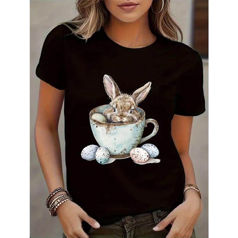 Easter Bunny Print Summer Casual Tshirt Round Neck Pure Short Sleeved Sports Tee Womens Round Neck Holiday Trendy Top S