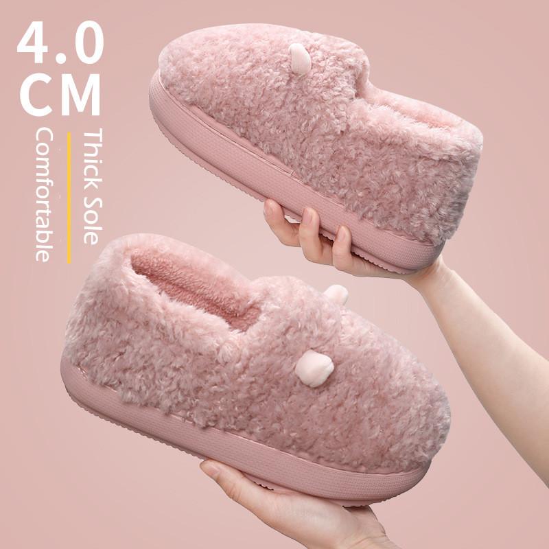 New Winter Slippers for Women Men Indoor Furry Warm Home Shoes Soft EVA Thick Sole Plush Women Couples Cute Platform Slides