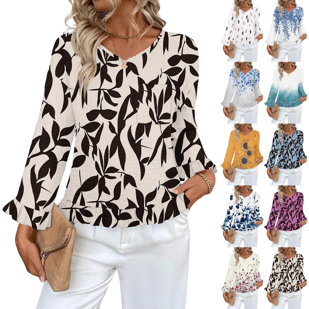 Women's Casual Fashion Ruffle V-Neck Pocket Print Long Sleeve Top