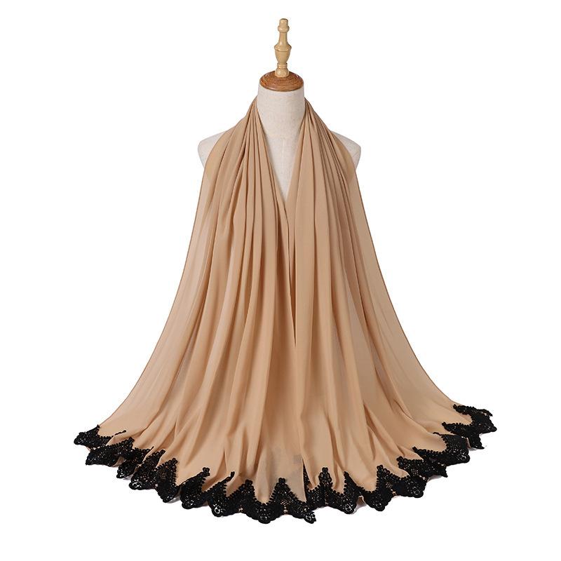 New Pearl Chiffon Malaysia Fashion Black Lace Scarves Muslim Shawl Plain Soft Turban Head Wraps Headband