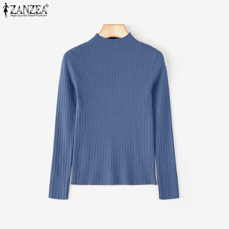 ZANZEA Autumn Spring Women Mockneck Long Sleeve Stretch Rib Knitted Sweater Undershirts