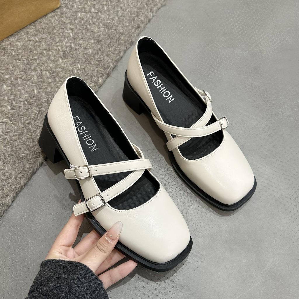 2024 New  Spring Women Shoes  Leather Mary Jane Shoes Square Toe Chunky Heel Women Shoes Retro Buckle Mid-heel Pumps