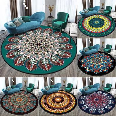 Round Area Rug With Mandala Style Geometric Floral Patterns In Vibrant Colors Boho Chic Style Soft Durable Floor Decor