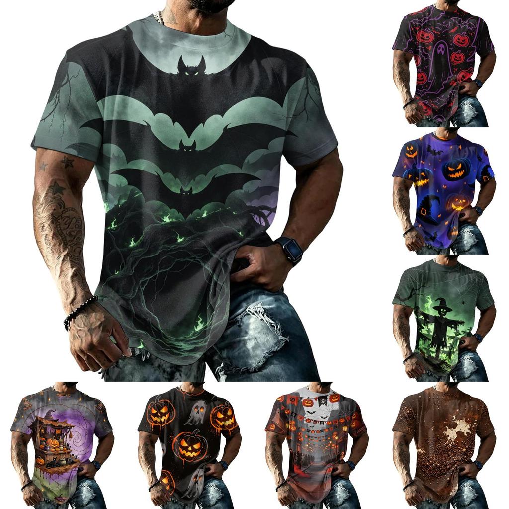 Men's Halloween Print Vintage Texture Short Sleeve T Shirt Loose Breathable Summer Sports Streetwear Casual Everyday Top